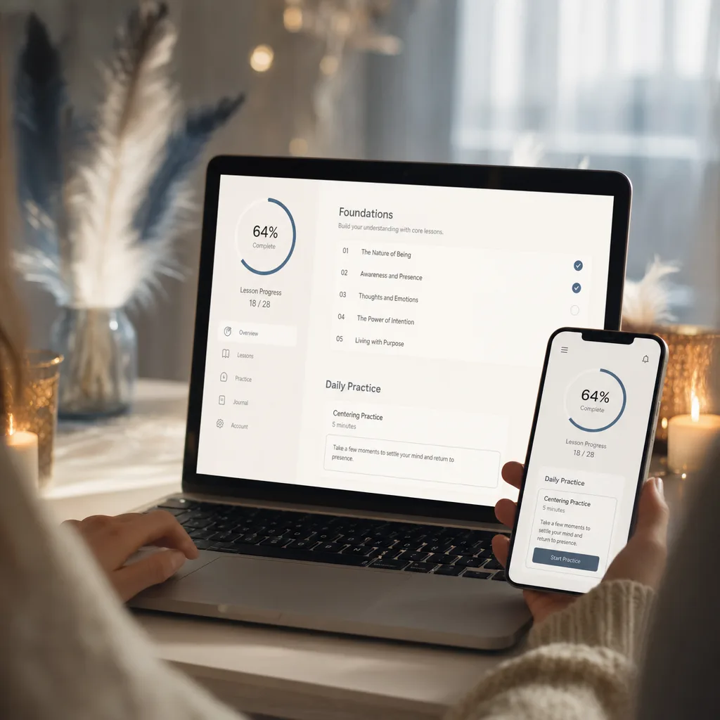 Inside the program: course dashboard with modules, lessons and reference guides